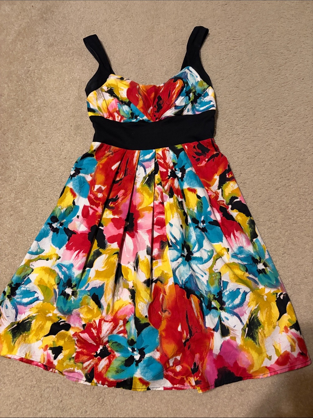Multicolor Floral Fit-and-Flare Dress with Black Waistband